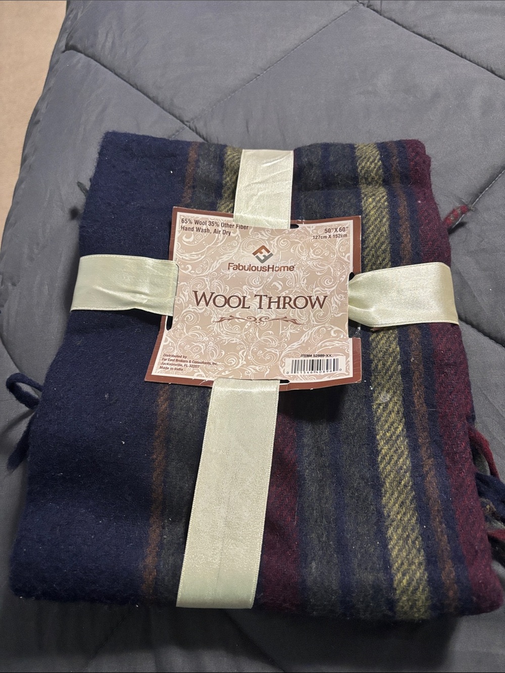 Wool Throw Blanket - Navy with Burgundy & Olive Stripes